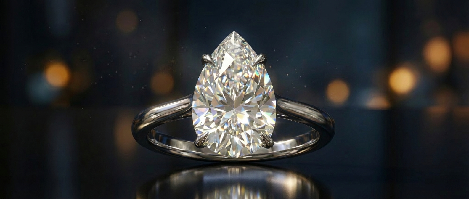 Diamond ring with a pear-shaped gemstone on a dark background