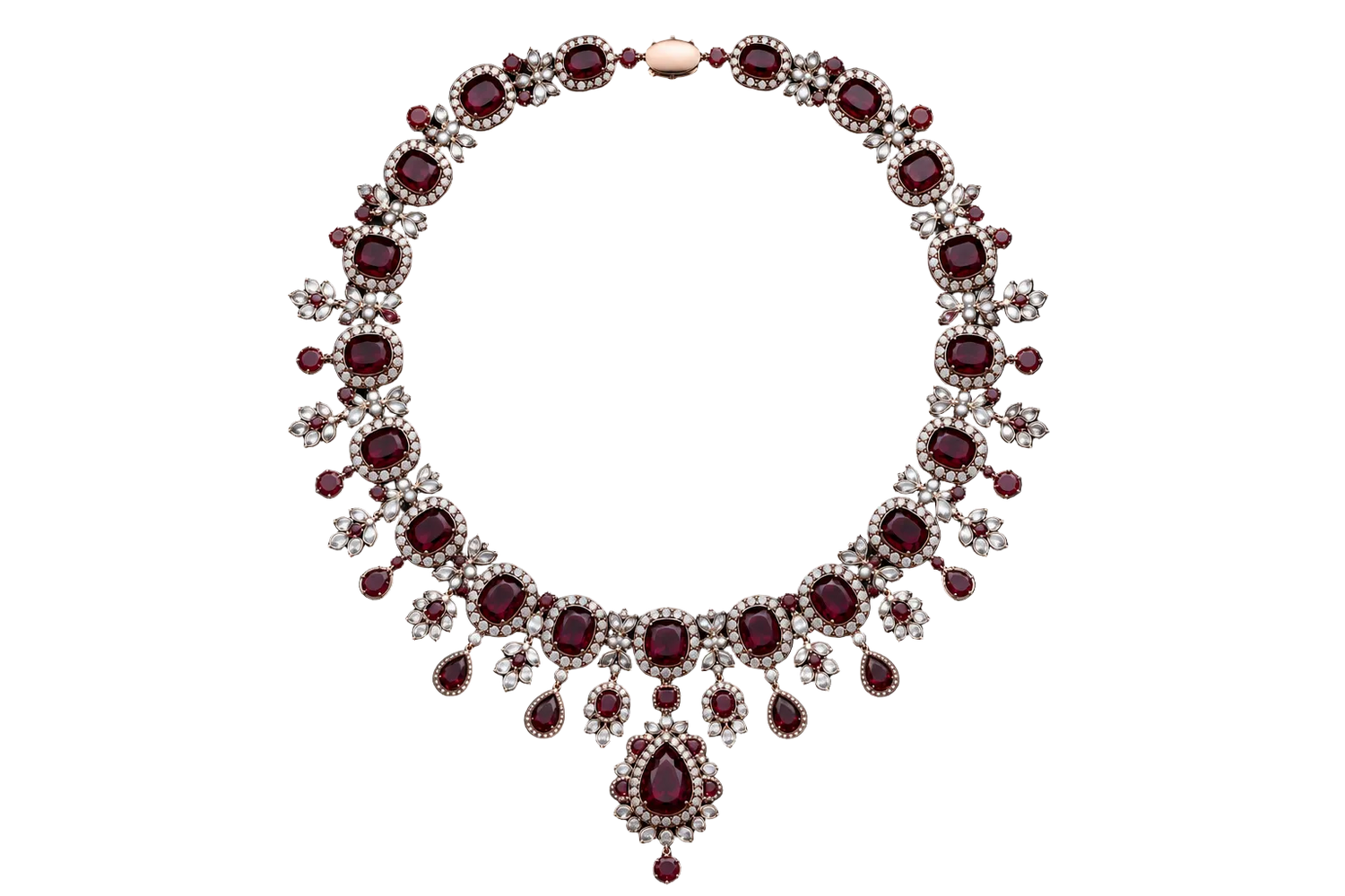 Ornate necklace with red and white stones on a black background