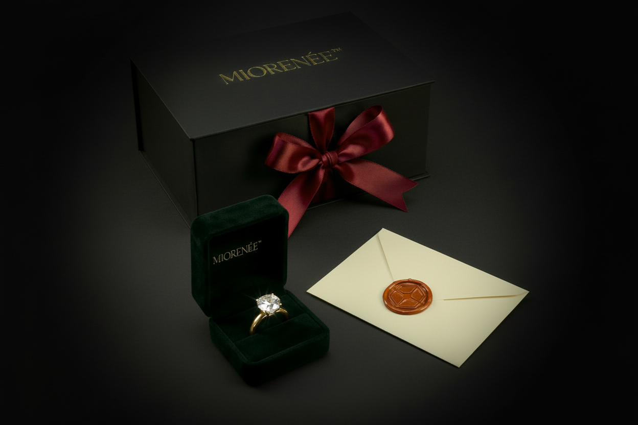Gold ring in a green velvet box with a red bow and envelope on a dark background, featuring the brand 'Mioreené'.